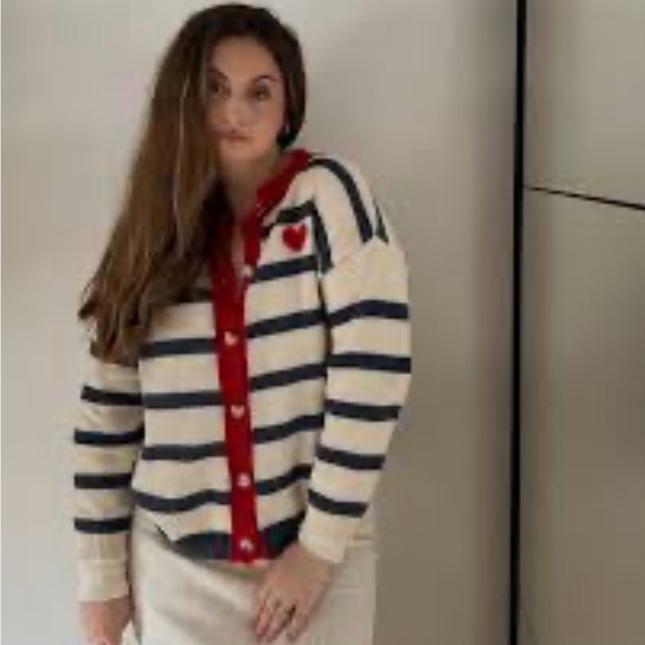 Boutique Colorblock Blue Cream Striped Heart Cardigan Sweater Size M - Picture 1 of 7